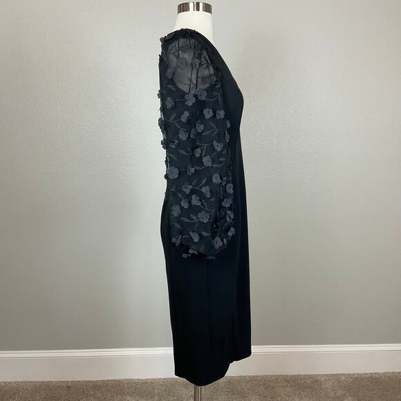 Eliza J Black Long Sleeve Cocktail Dress Size 6 Black 3D Floral Midi Sheath - Picture 3 of 14